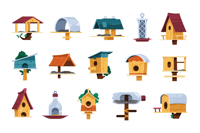bird-feeder-cartoon-homemade-wooden-birdhouses-colorful-diy-feaders