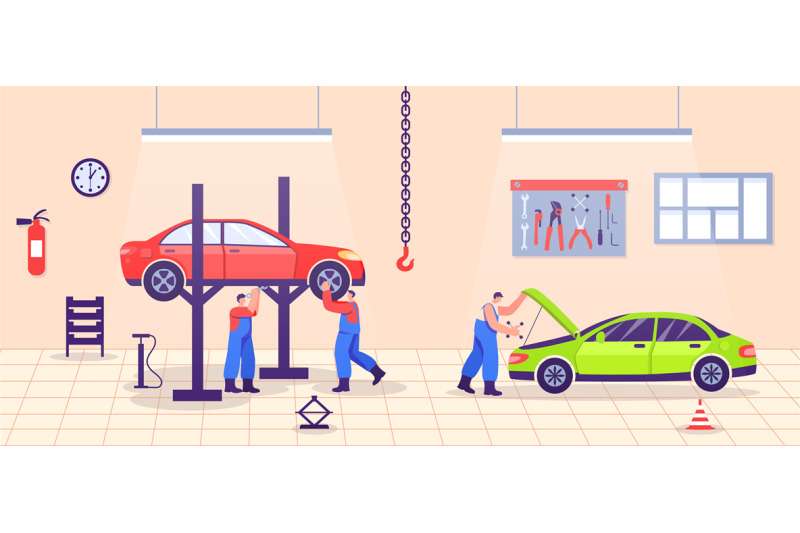 auto-repair-service-cartoon-male-characters-in-uniform-fixing-vehicle