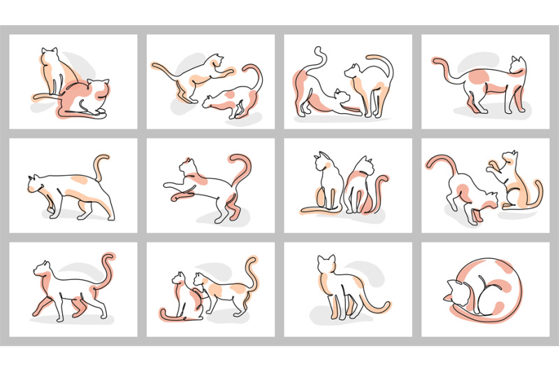 continuous-one-line-cat-posters-cute-cats-playing-grooming-stretchi