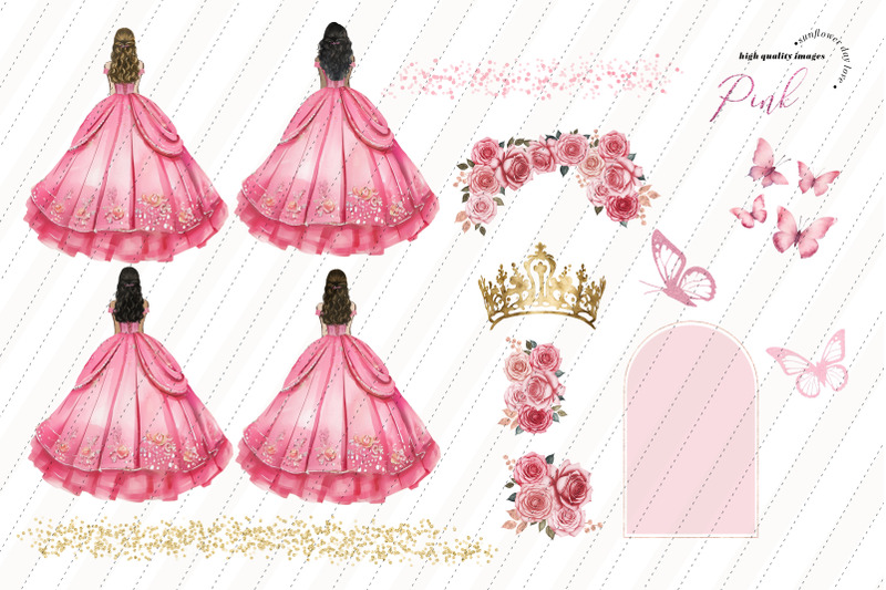 elegant-pink-princess-dresses-quinceaera-pink-flowers-clipart