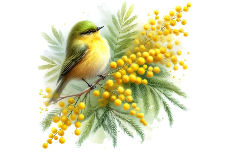 sprig-of-mimosa-and-yellow-bird