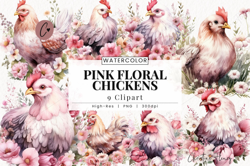 watercolor-pink-floral-chickens-clipart