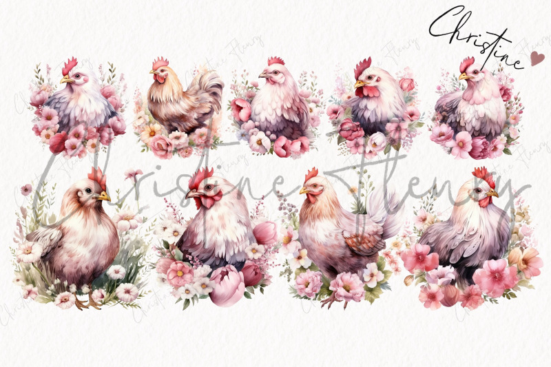 watercolor-pink-floral-chickens-clipart