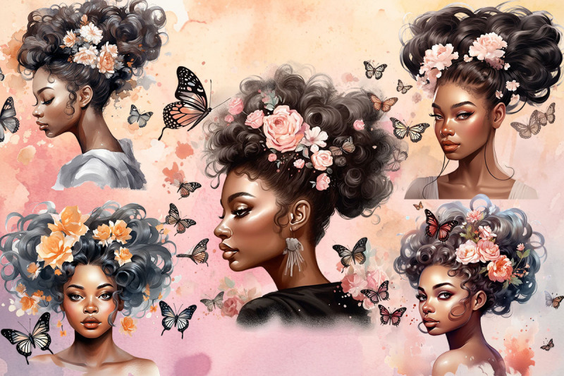 black-girl-flower-watercolour-clipart-bundle