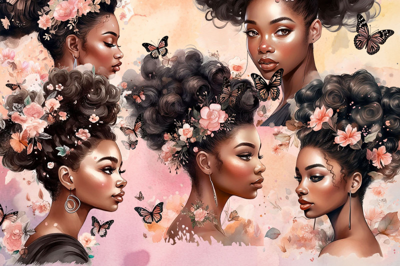 black-girl-flower-watercolour-clipart-bundle