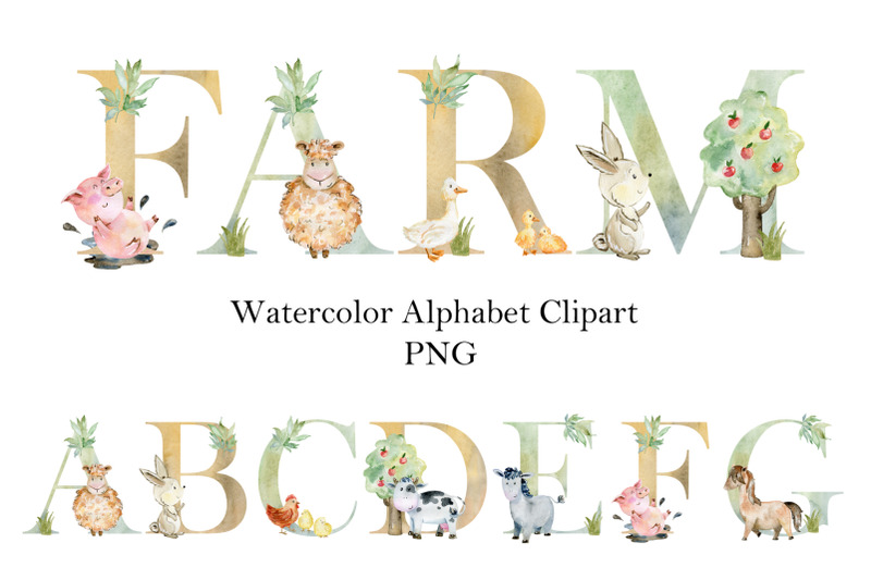 watercolor-alphabet-with-farm-animals