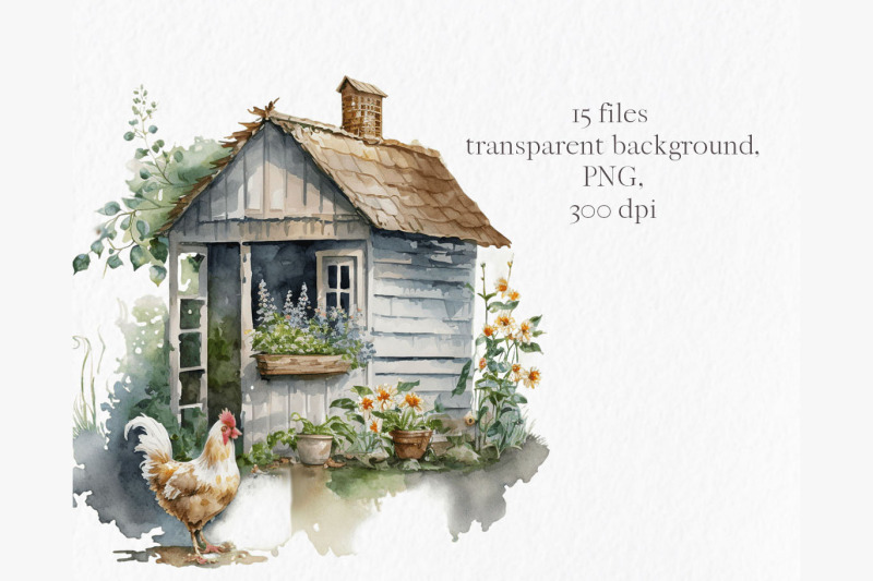 village-chickens-watercolor-clipart-png