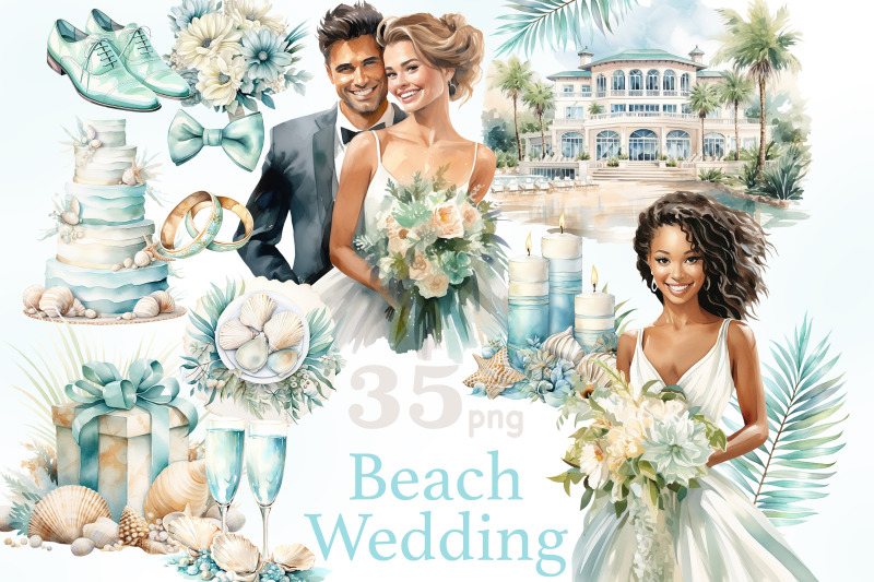 beach-wedding-clipart-summer-wedding-illustration-png-set