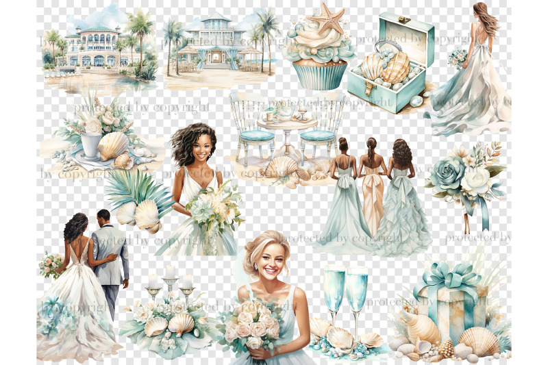 beach-wedding-clipart-summer-wedding-illustration-png-set