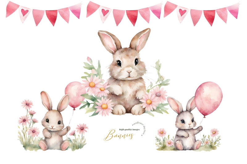 easter-cute-bunnies-pink-balloon-clipart-pink-flowers-easter-bunny