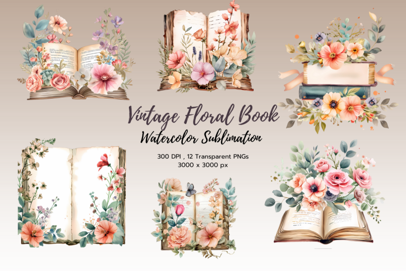 vintage-floral-books-sublimation-clipart