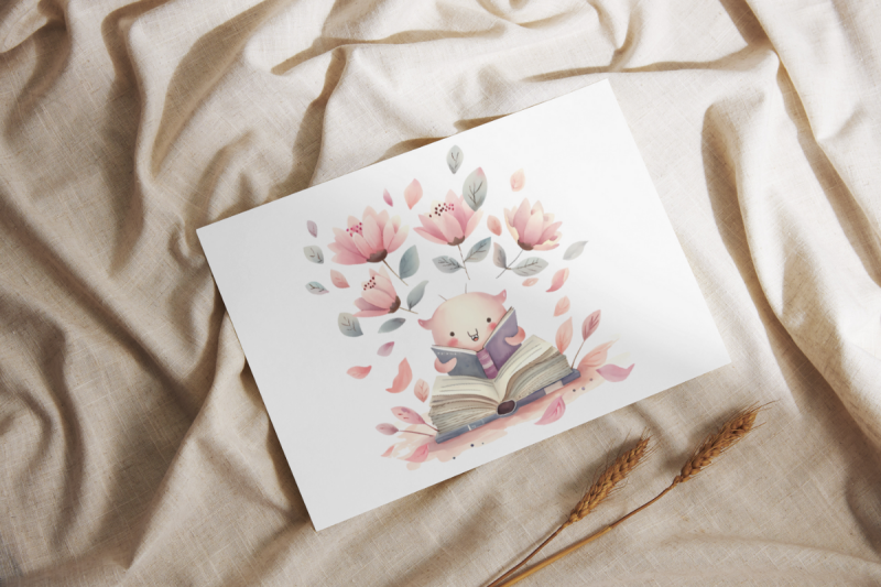 floral-book-worm-watercolor-sublimation-clipart