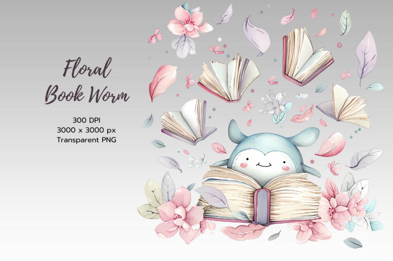 floral-book-worm-watercolor-sublimation-clipart