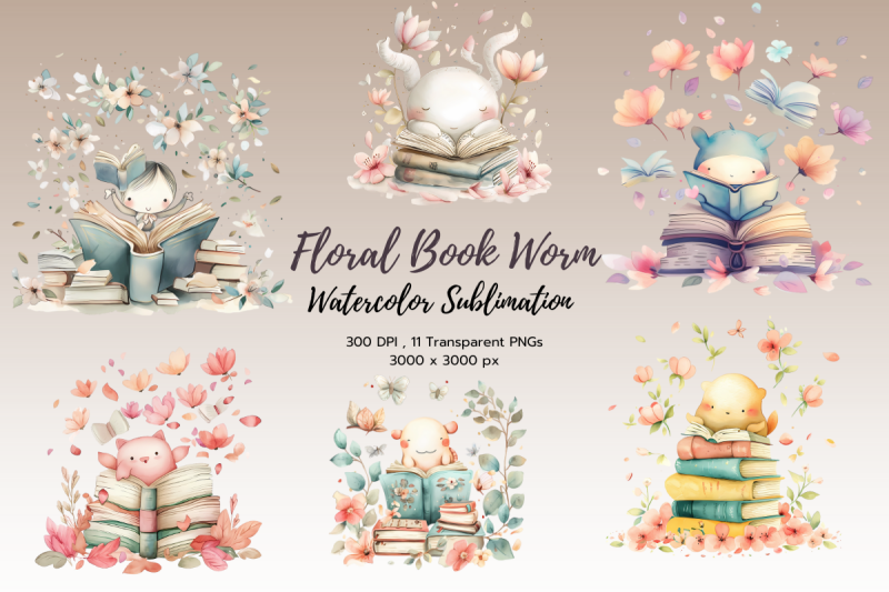 floral-book-worm-watercolor-sublimation-clipart