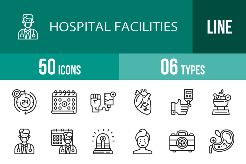 50-hospital-facilities-line-icons
