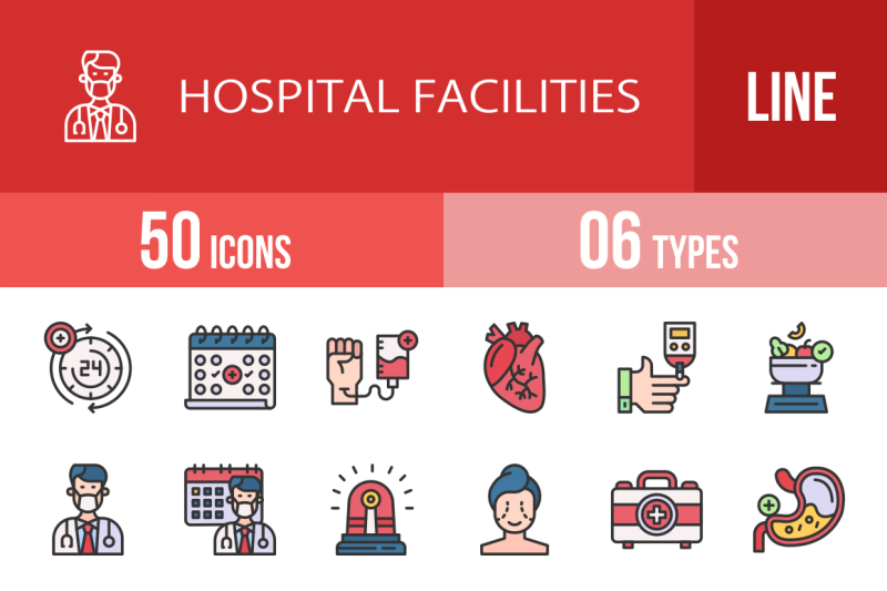50-hospital-facilities-filled-line-icons