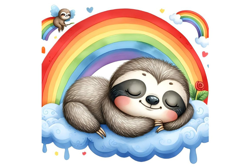 colourful-rainbow-baby-sloth-sleeping-on-a-cloud