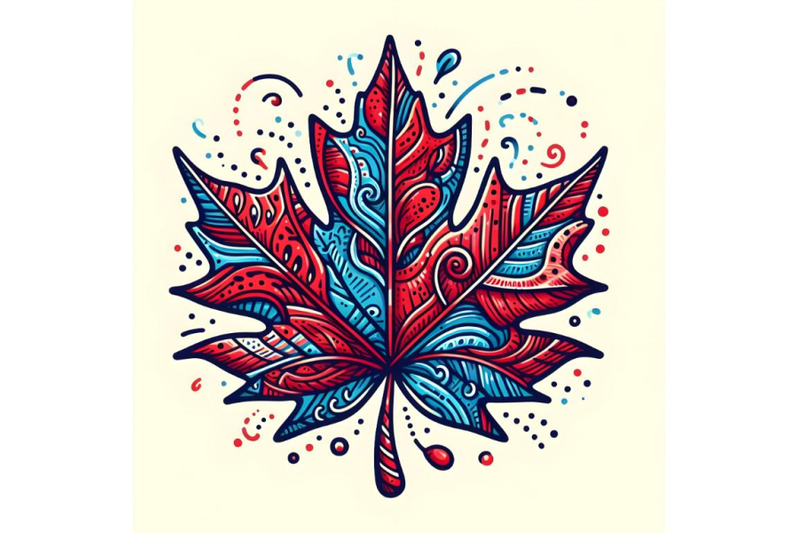 red-maple-leaf-hand-drawn-colorful-blue-doodle