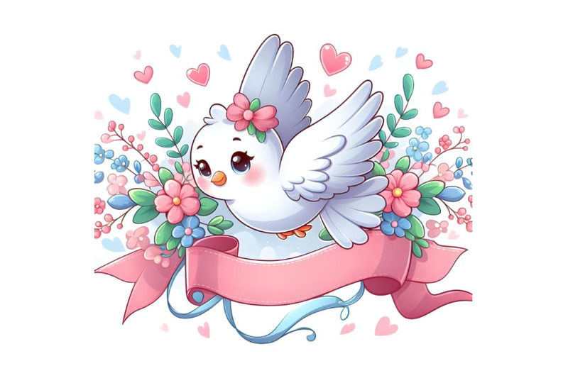 sweet-dove-flying-with-ribbons-and-flowers