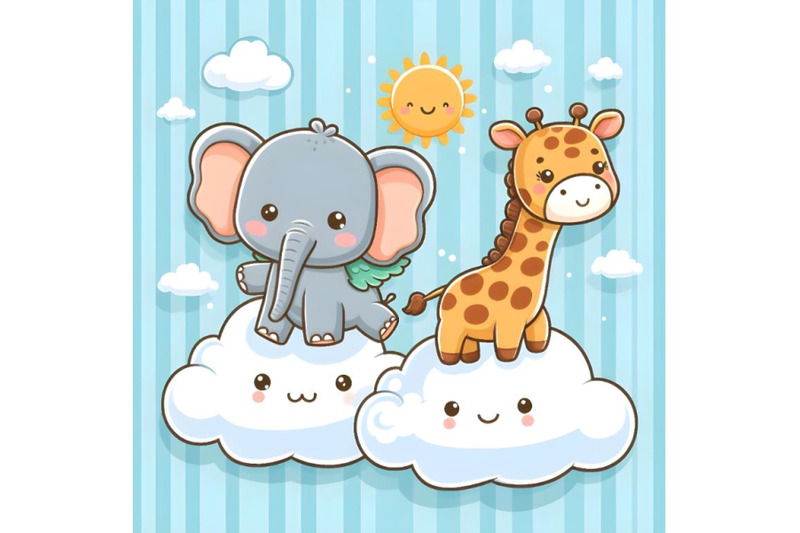 cute-elephant-and-giraffe-are-flying-on-the-cloud