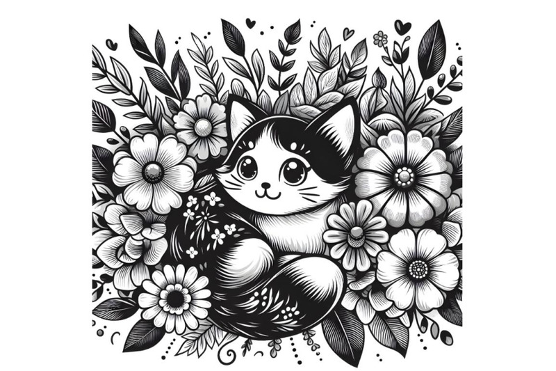 monochrome-floral-print-of-cat