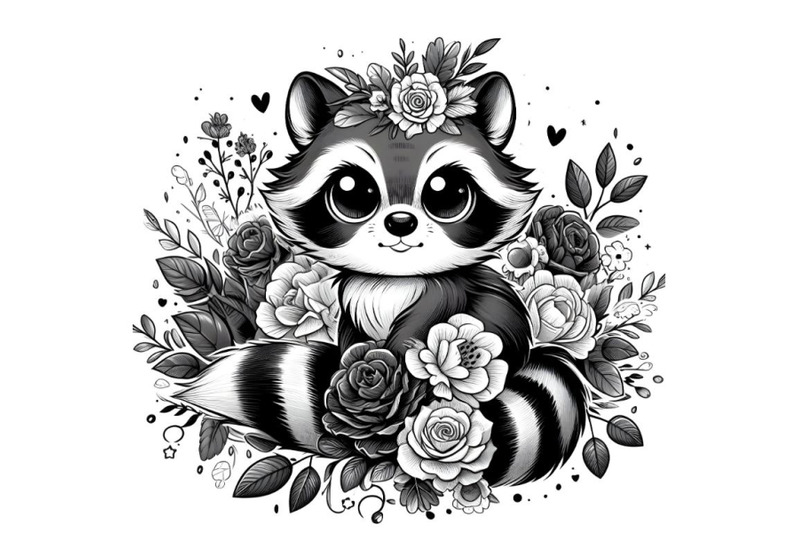 monochrome-floral-print-of-baby-racoon