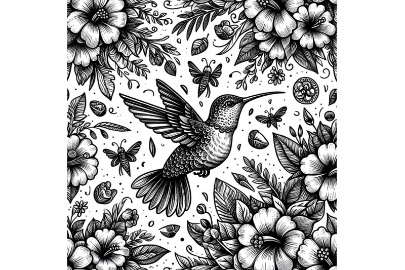 hand-drawn-monochrome-version-of-seamless-pattern-with-humming-bird