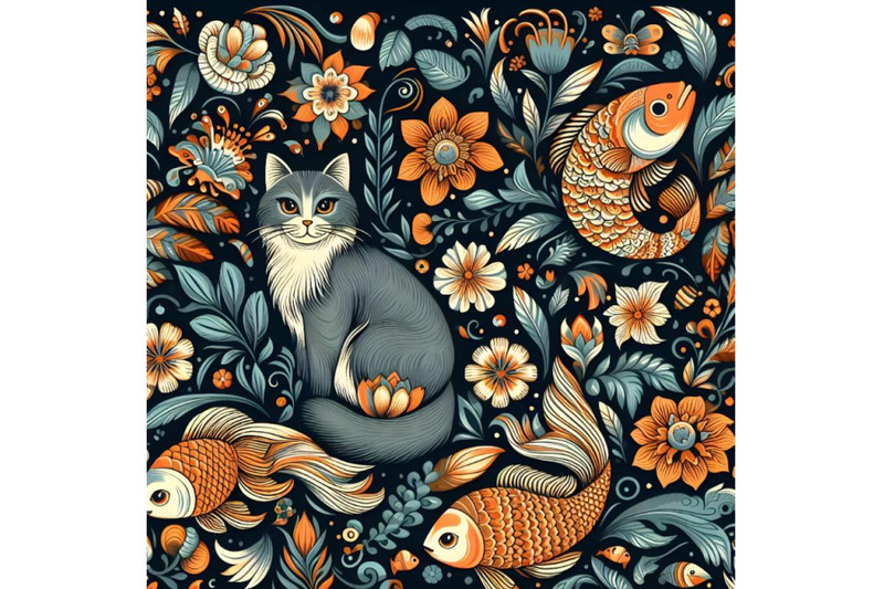 floral-pattern-of-the-cats-and-fish