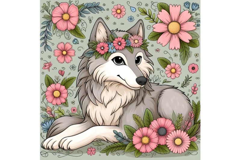 beautiful-wolf-with-floral-background