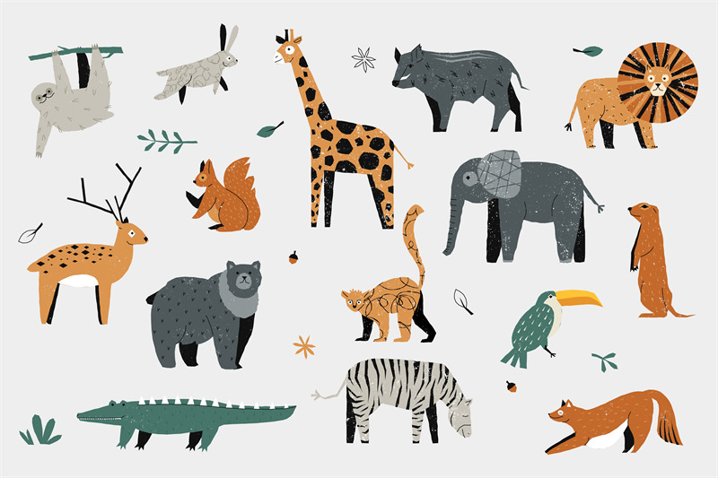 cute-trendy-animals-colorful-hand-drawn-baby-zoo-wildlife-decorative