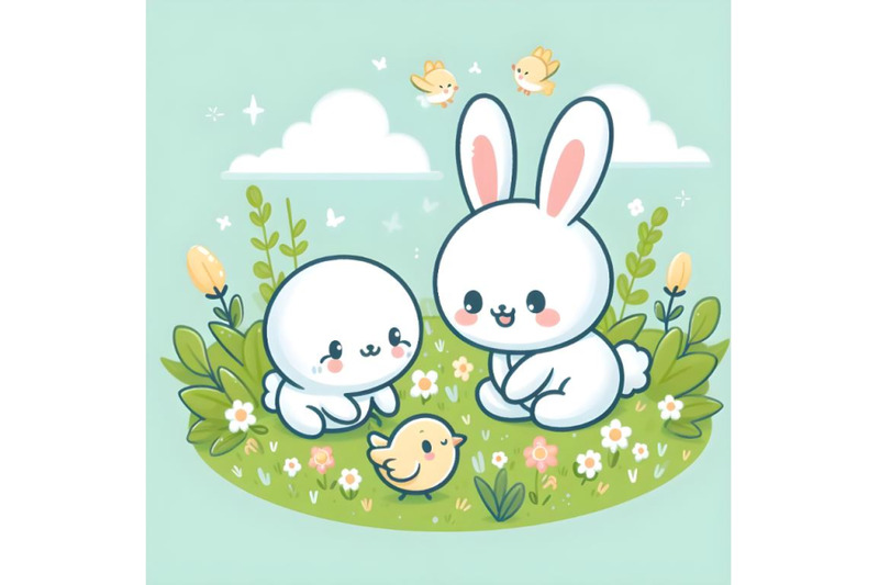 cute-white-baby-bunny-character-and-little-small-bird-playing-in-grass