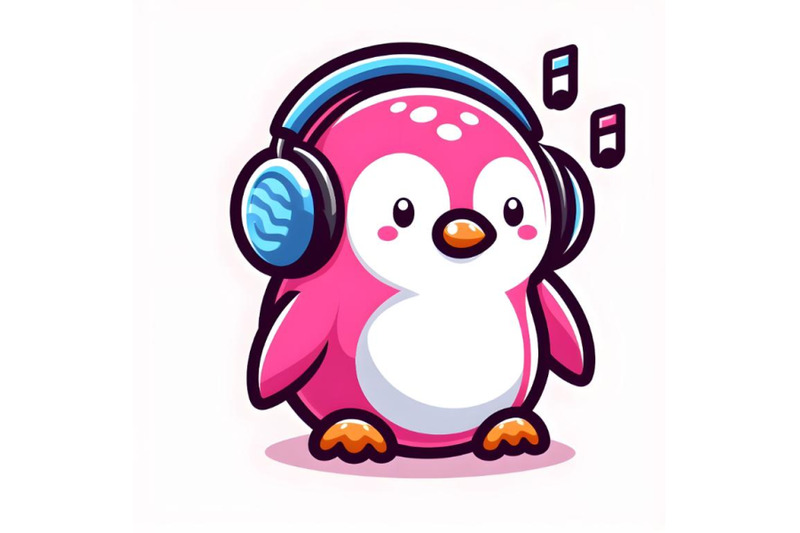 cute-pink-penguin-cartoon-with-blue-headphones-baby-penguin-listening