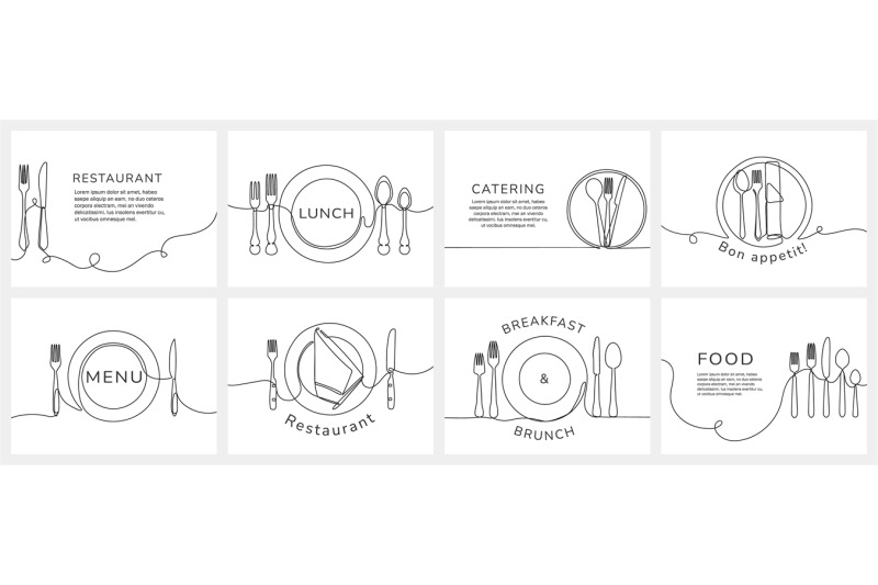 continuous-one-line-restaurant-banners-table-settings-with-text-space