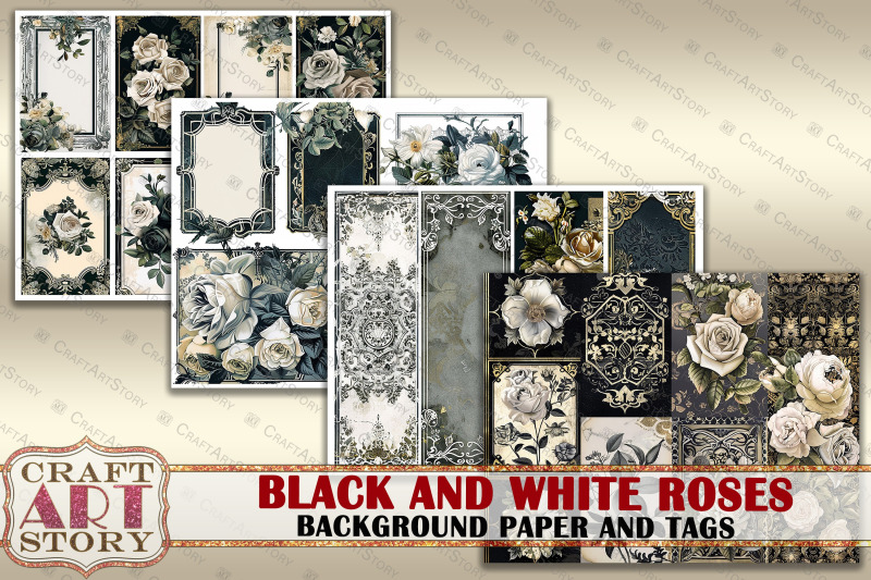 background-paper-and-tags-black-and-white-golden-roses