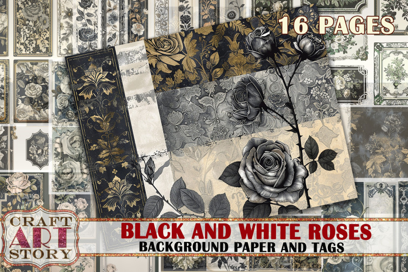 background-paper-and-tags-black-and-white-golden-roses