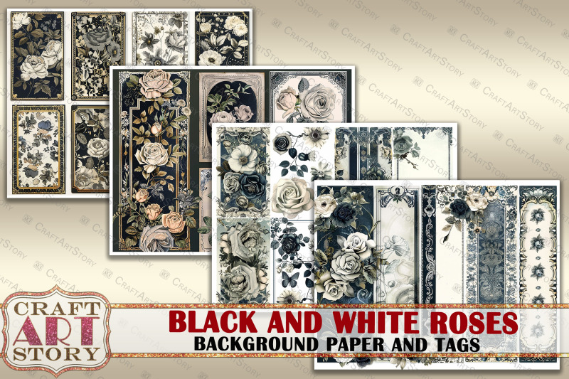 background-paper-and-tags-black-and-white-golden-roses