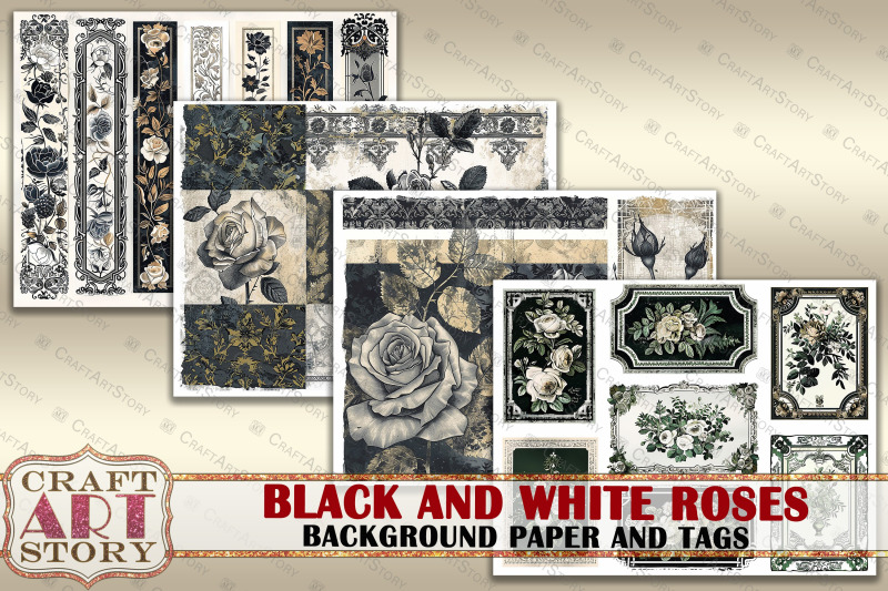 background-paper-and-tags-black-and-white-golden-roses