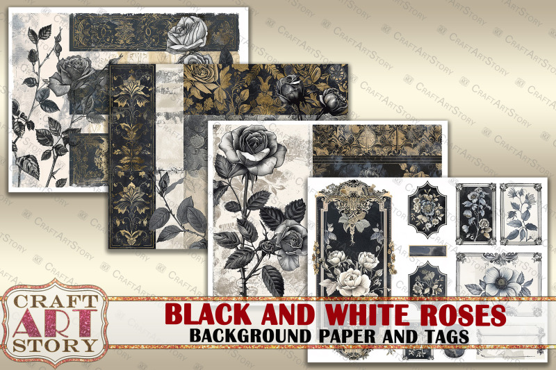 background-paper-and-tags-black-and-white-golden-roses