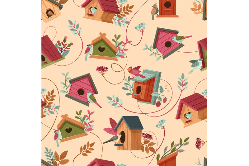 cartoon-bird-houses-pattern-wooden-bird-homes-with-chirping-birds-and