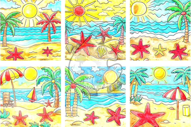 cartoon-beach-watercolor-doodle-landscape-scenes
