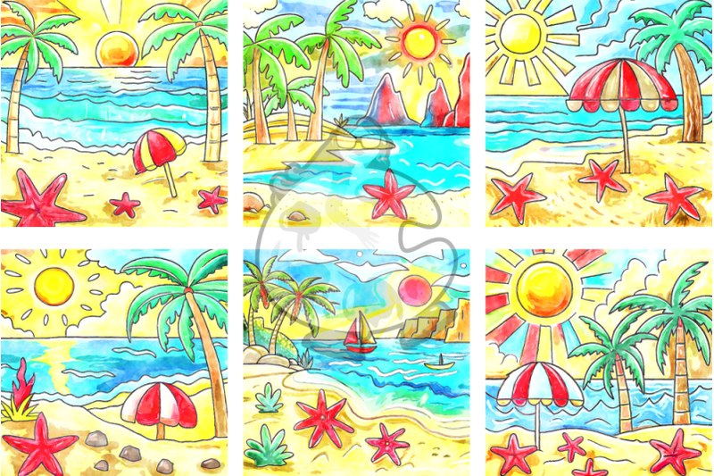 cartoon-beach-watercolor-doodle-landscape-scenes