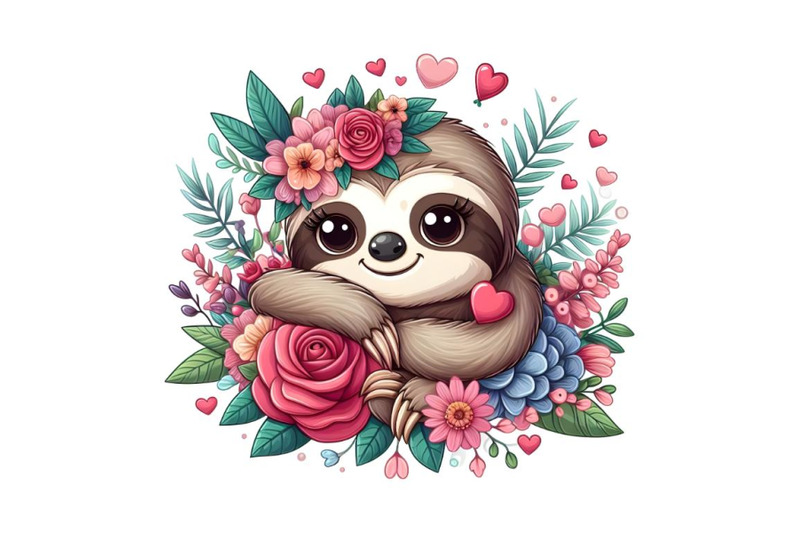 flower-lover-baby-sloth-a-white-background