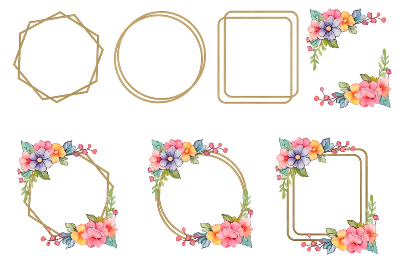floral-frames-double-watercolor-gold-round-flower-frame-corner-border