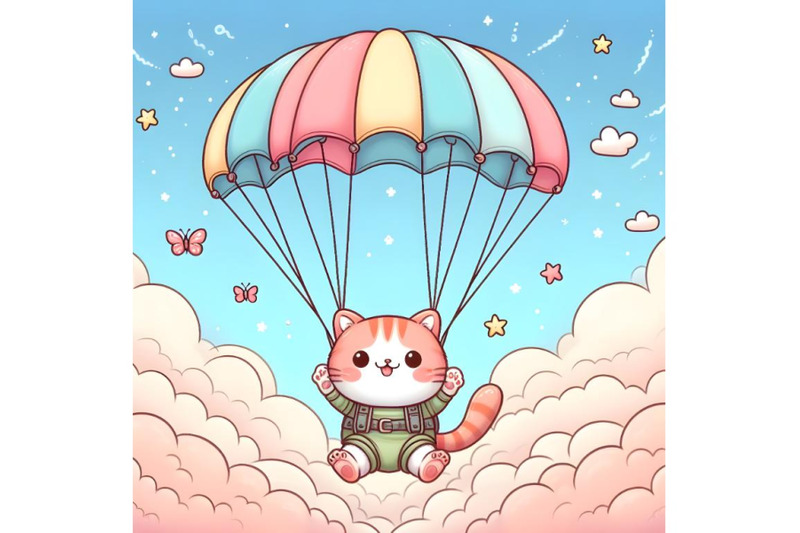 cute-cat-is-flying-on-parachute-in-sky