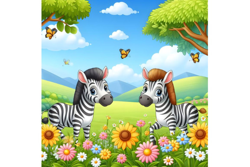 zebras-spring-flowers-meadow-and-blue-sky-cartoon-scene