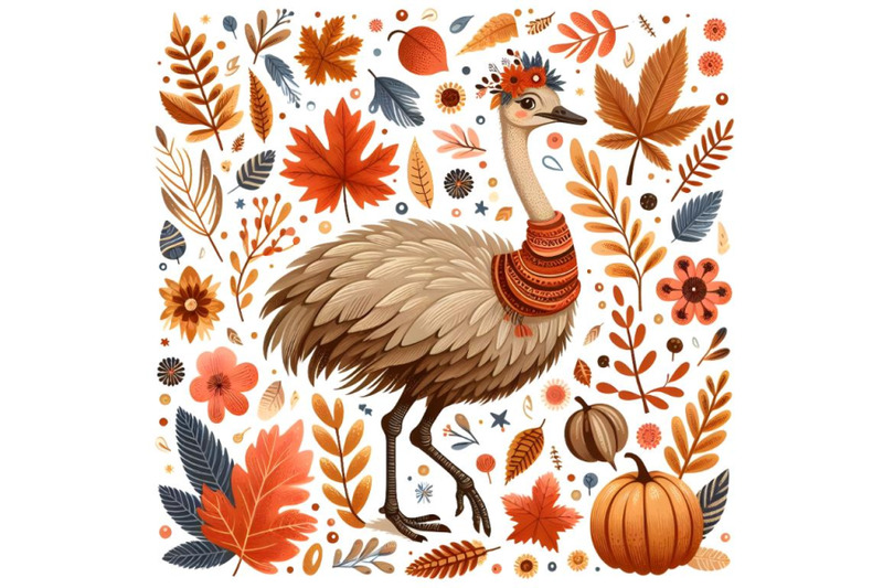 funny-beautiful-ostrich-in-autumn-leaves