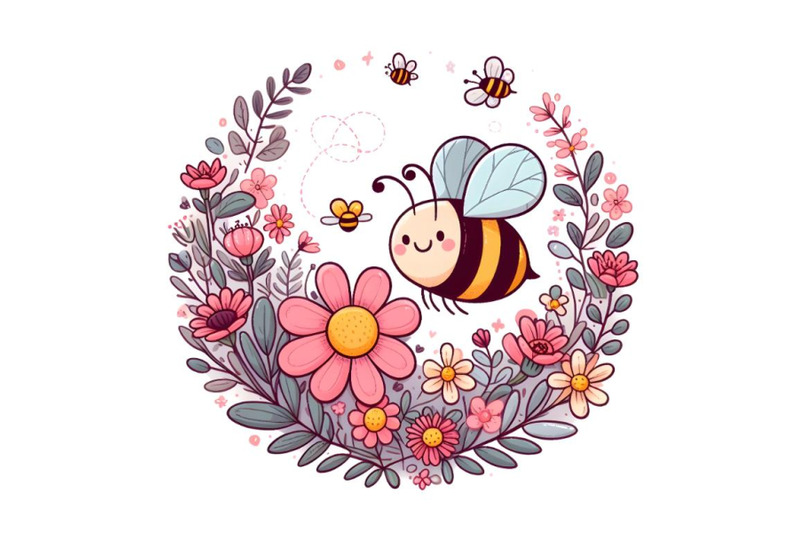 floral-card-round-frame-with-cute-bee-flower-and-plants-vector-illu