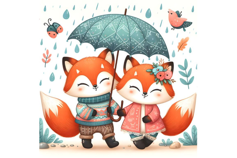 two-cute-cartoon-foxes-with-umbrella-under-the-rain