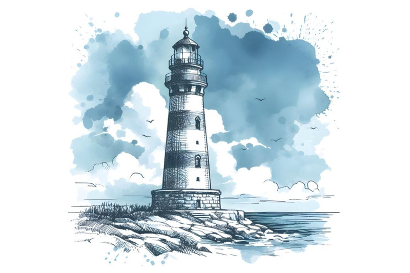 lighthouse-at-blue-watercolor-background