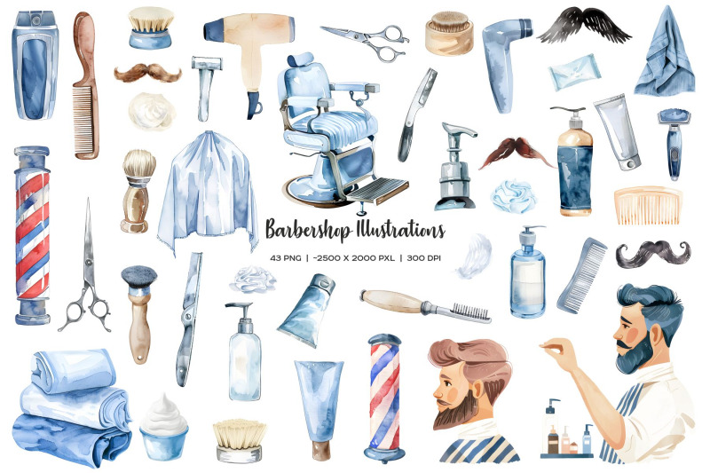 watercolor-barbershop-set-items-barbershop-equipments-png